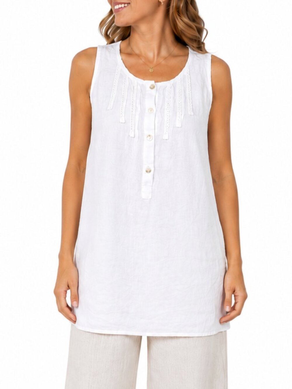 LUNGO L'ARNO 100% Linen Sleeveless Tunic Top White Medium Henley Summer Beach